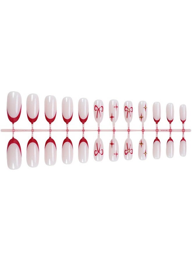 HJKDSFD Oval Press on Nails Short Fake Nails Red French Tip Glue on Nails Valentine False Nails with Bow and Star Designs Cute Glossy Acrylic Nail Holiday DIY for Women Stick on Nail 24Pcs - Image 4